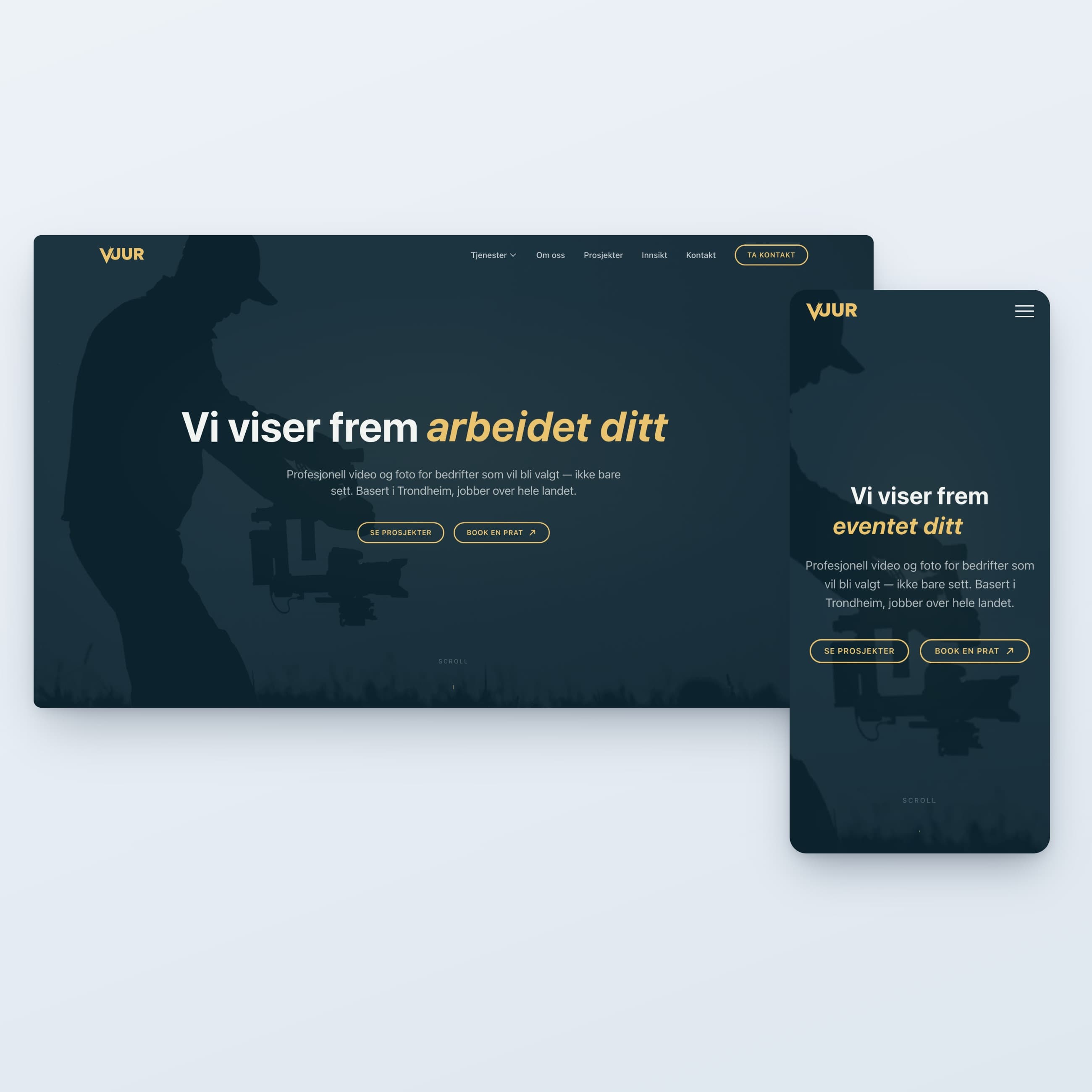 Forsiden til vuur.no vist side om side på desktop og mobil